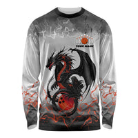 Custom Black Dragon Bowling Long Sleeve Shirt with Fiery Ball and Thunderstorm Lightning Pattern - Wonder Print Shop