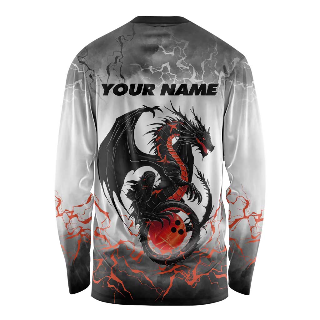 Custom Black Dragon Bowling Long Sleeve Shirt with Fiery Ball and Thunderstorm Lightning Pattern - Wonder Print Shop