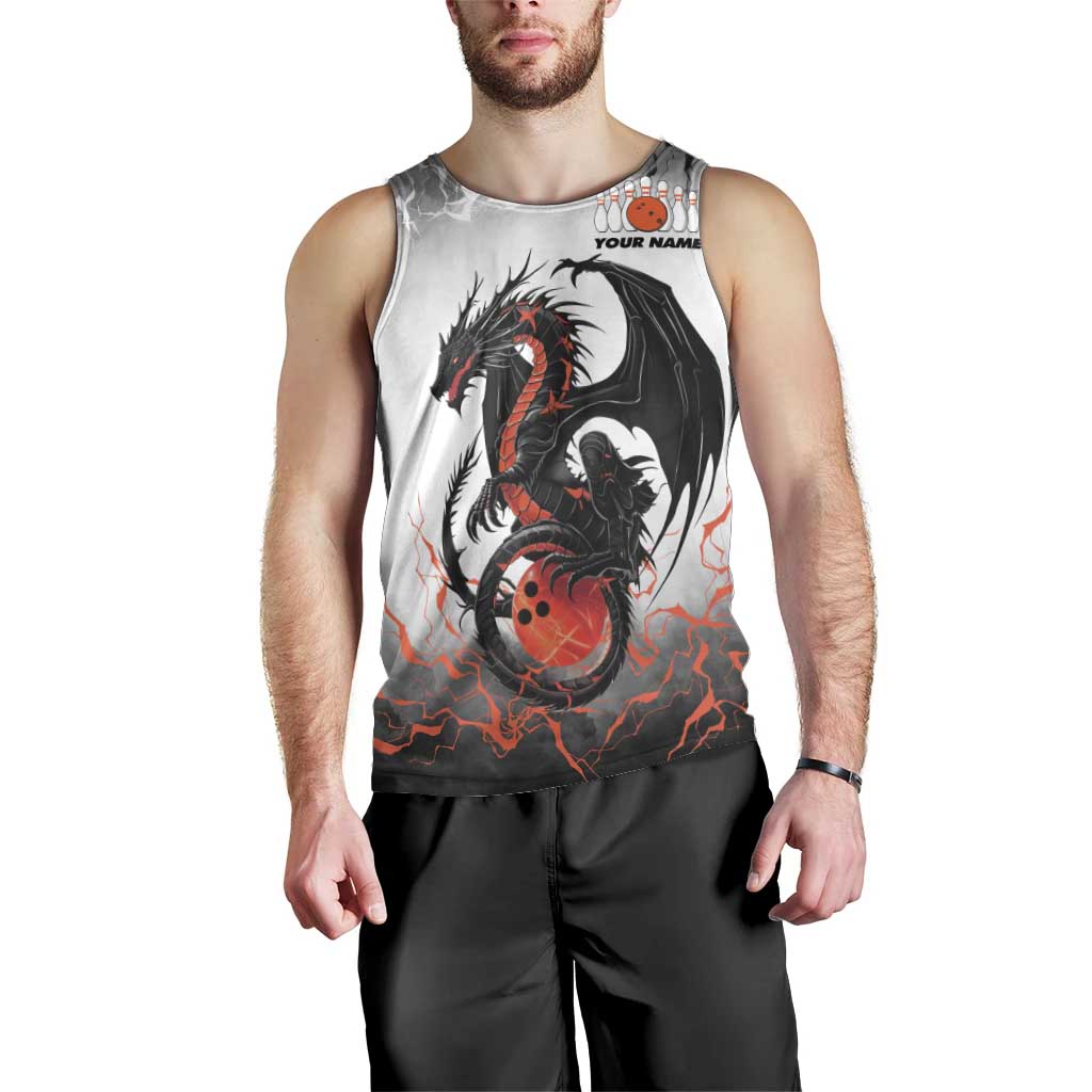 Custom Black Dragon Bowling Men Tank Top with Fiery Ball and Thunderstorm Lightning Pattern - Wonder Print Shop