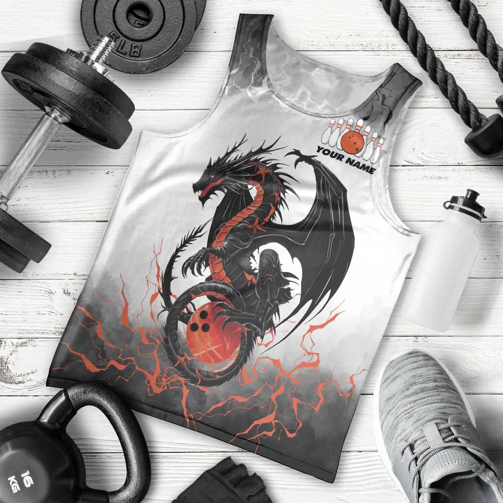 Custom Black Dragon Bowling Men Tank Top with Fiery Ball and Thunderstorm Lightning Pattern - Wonder Print Shop