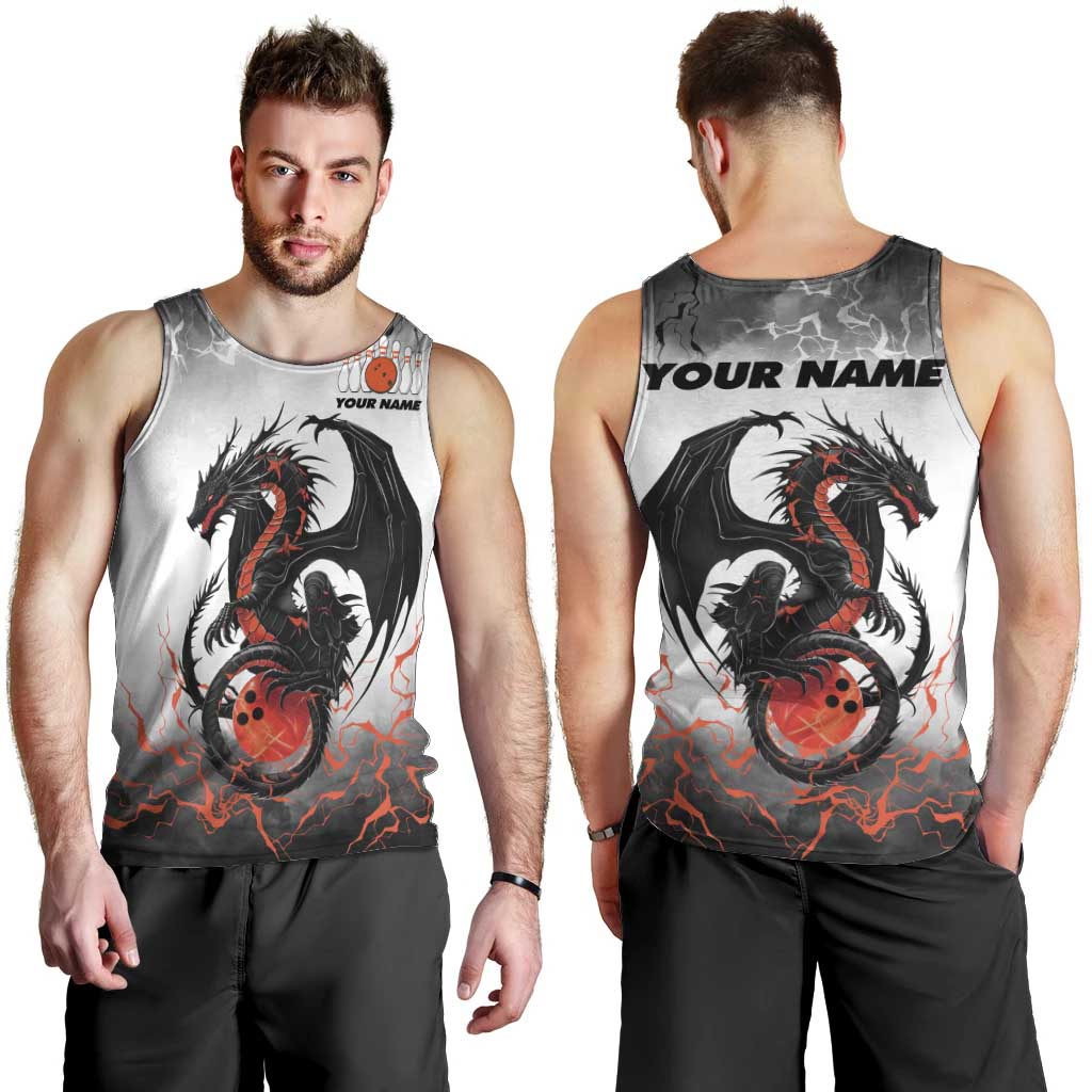 Custom Black Dragon Bowling Men Tank Top with Fiery Ball and Thunderstorm Lightning Pattern - Wonder Print Shop