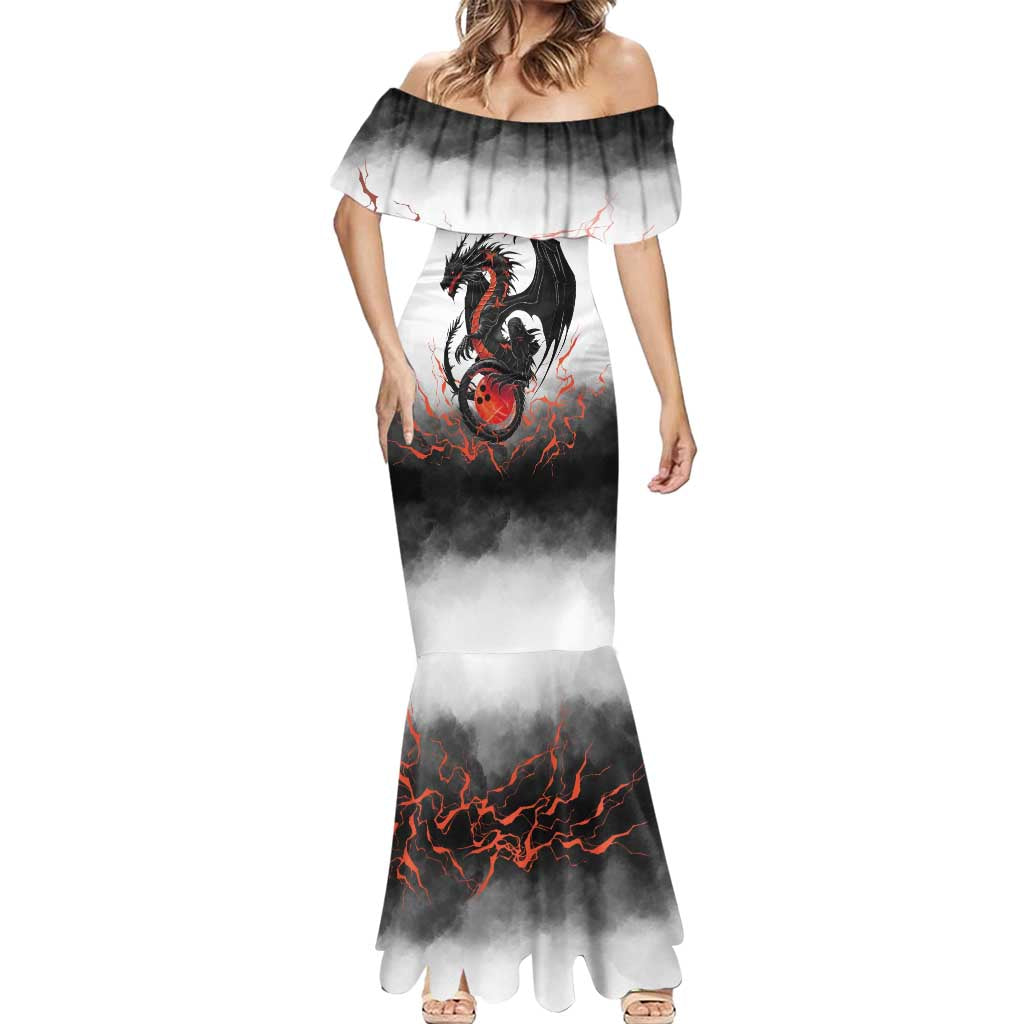 Custom Black Dragon Bowling Mermaid Dress with Fiery Ball and Thunderstorm Lightning Pattern - Wonder Print Shop