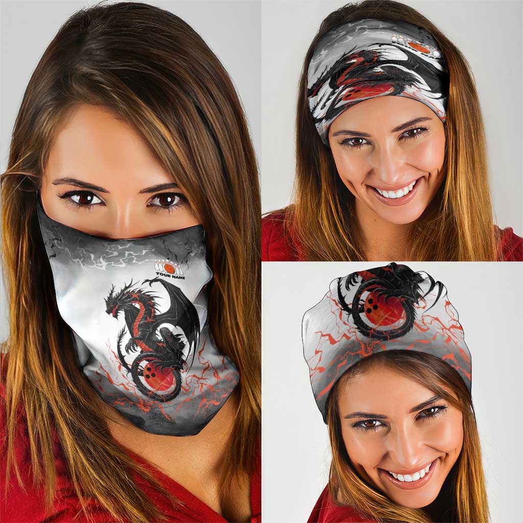 Custom Black Dragon Bowling Neck Gaiter with Fiery Ball and Thunderstorm Lightning Pattern - Wonder Print Shop