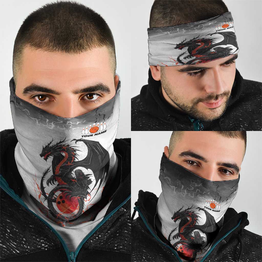 Custom Black Dragon Bowling Neck Gaiter with Fiery Ball and Thunderstorm Lightning Pattern - Wonder Print Shop