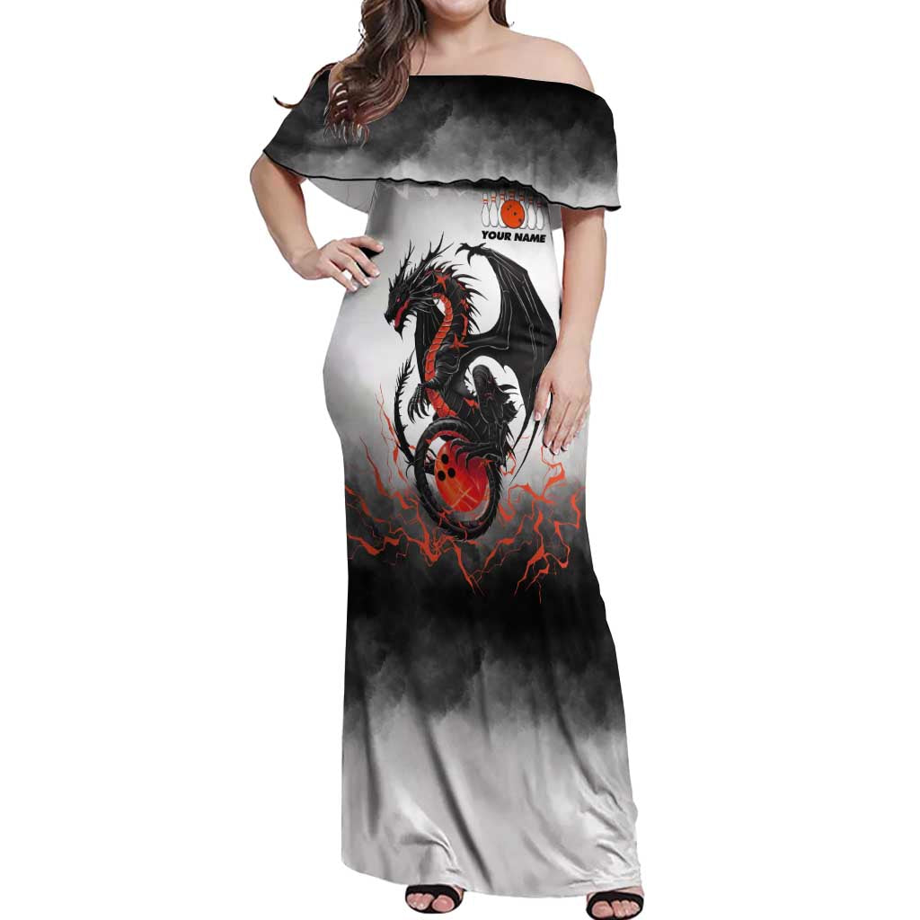 Custom Black Dragon Bowling Off Shoulder Maxi Dress with Fiery Ball and Thunderstorm Lightning Pattern - Wonder Print Shop