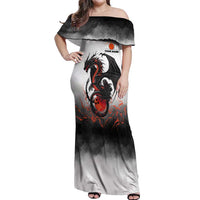 Custom Black Dragon Bowling Off Shoulder Maxi Dress with Fiery Ball and Thunderstorm Lightning Pattern - Wonder Print Shop