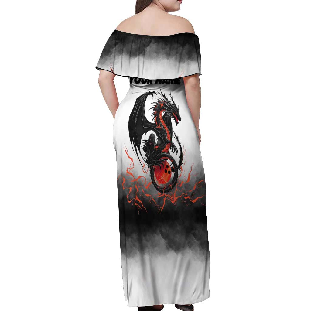 Custom Black Dragon Bowling Off Shoulder Maxi Dress with Fiery Ball and Thunderstorm Lightning Pattern - Wonder Print Shop