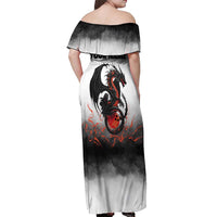 Custom Black Dragon Bowling Off Shoulder Maxi Dress with Fiery Ball and Thunderstorm Lightning Pattern - Wonder Print Shop