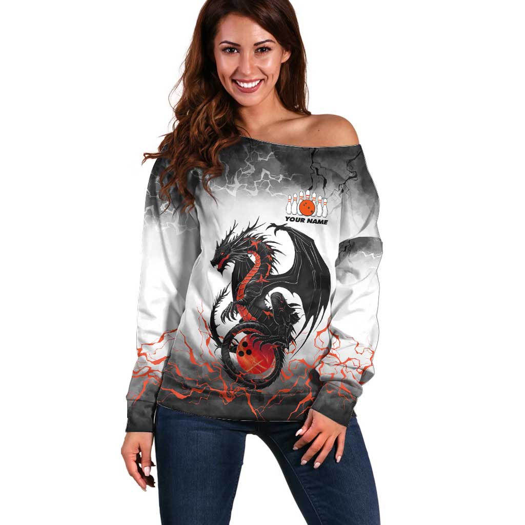 Custom Black Dragon Bowling Off Shoulder Sweater with Fiery Ball and Thunderstorm Lightning Pattern - Wonder Print Shop