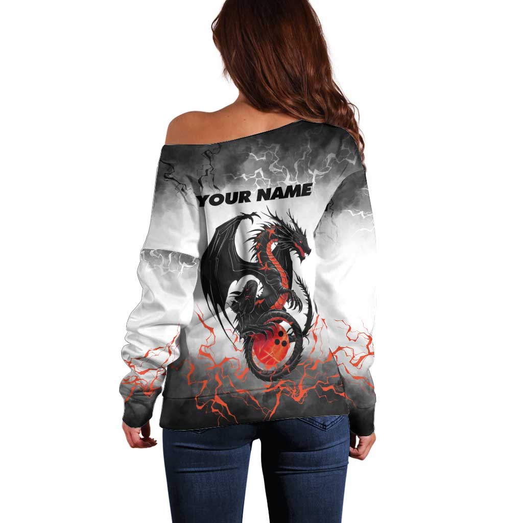 Custom Black Dragon Bowling Off Shoulder Sweater with Fiery Ball and Thunderstorm Lightning Pattern - Wonder Print Shop