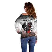 Custom Black Dragon Bowling Off Shoulder Sweater with Fiery Ball and Thunderstorm Lightning Pattern - Wonder Print Shop