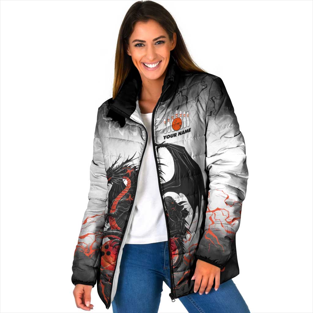 Custom Black Dragon Bowling Padded Jacket with Fiery Ball and Thunderstorm Lightning Pattern - Wonder Print Shop