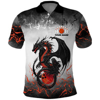 Custom Black Dragon Bowling Polo Shirt with Fiery Ball and Thunderstorm Lightning Pattern - Wonder Print Shop