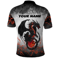 Custom Black Dragon Bowling Polo Shirt with Fiery Ball and Thunderstorm Lightning Pattern - Wonder Print Shop