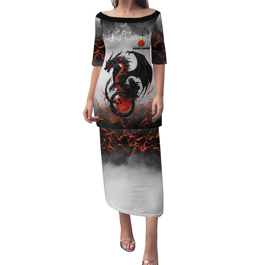 Custom Black Dragon Bowling Puletasi with Fiery Ball and Thunderstorm Lightning Pattern - Wonder Print Shop