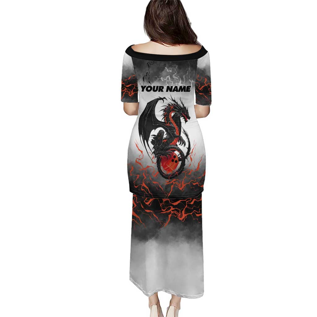Custom Black Dragon Bowling Puletasi with Fiery Ball and Thunderstorm Lightning Pattern - Wonder Print Shop