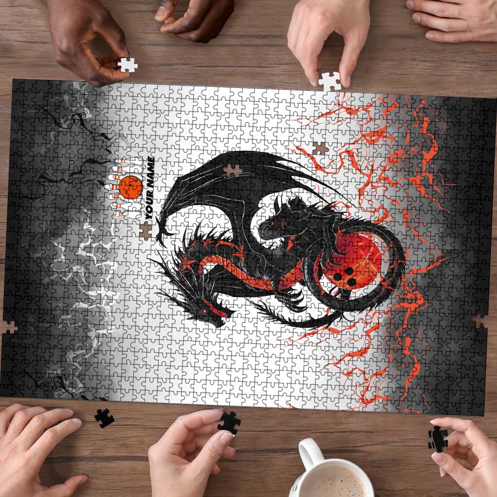 Custom Black Dragon Bowling Puzzle with Fiery Ball and Thunderstorm Lightning Pattern - Wonder Print Shop