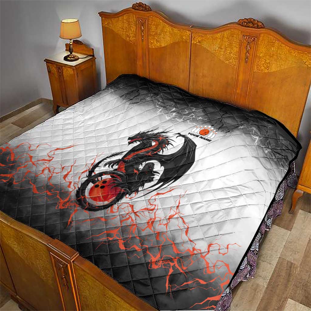 Custom Black Dragon Bowling Quilt with Fiery Ball and Thunderstorm Lightning Pattern - Wonder Print Shop