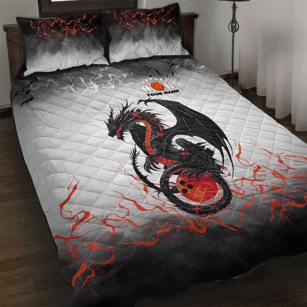 Custom Black Dragon Bowling Quilt Bed Set with Fiery Ball and Thunderstorm Lightning Pattern - Wonder Print Shop