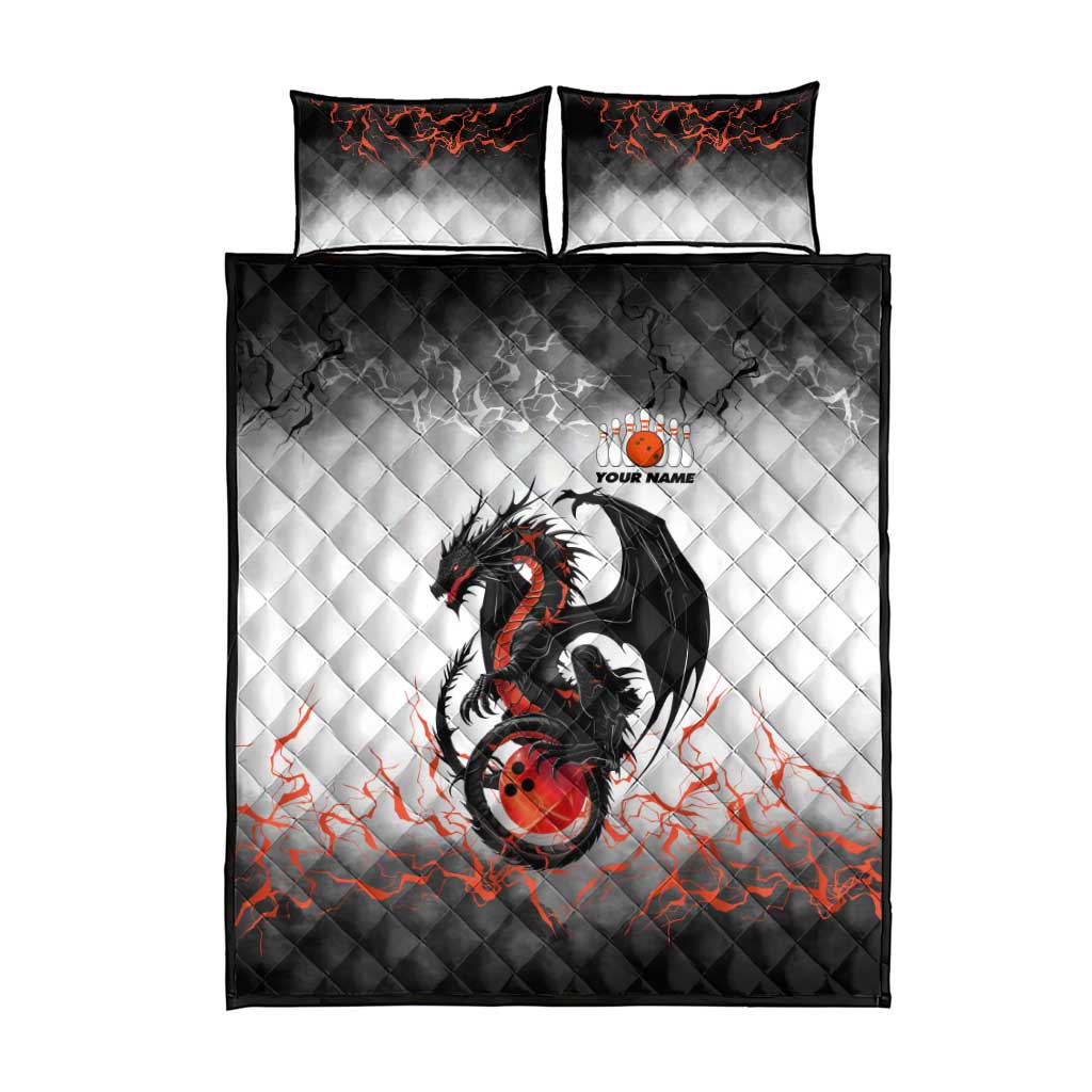 Custom Black Dragon Bowling Quilt Bed Set with Fiery Ball and Thunderstorm Lightning Pattern - Wonder Print Shop