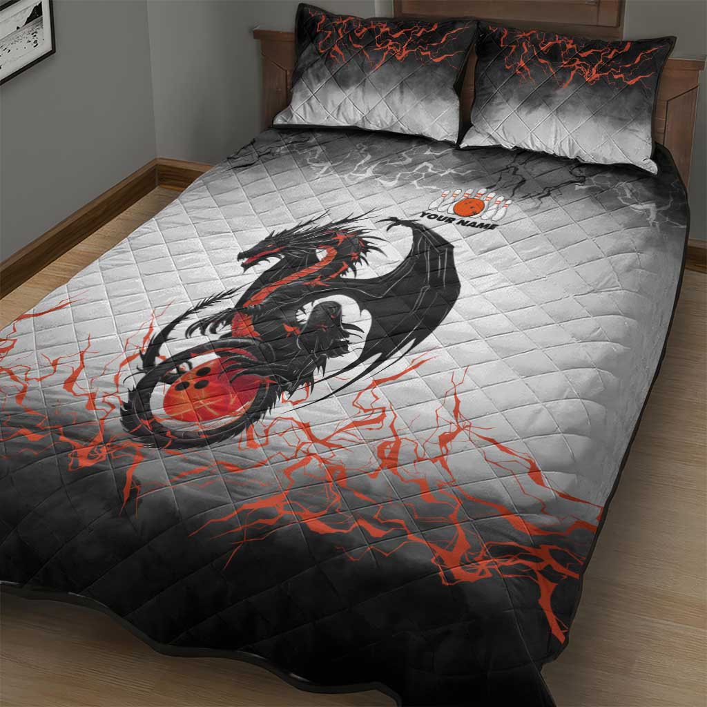 Custom Black Dragon Bowling Quilt Bed Set with Fiery Ball and Thunderstorm Lightning Pattern - Wonder Print Shop