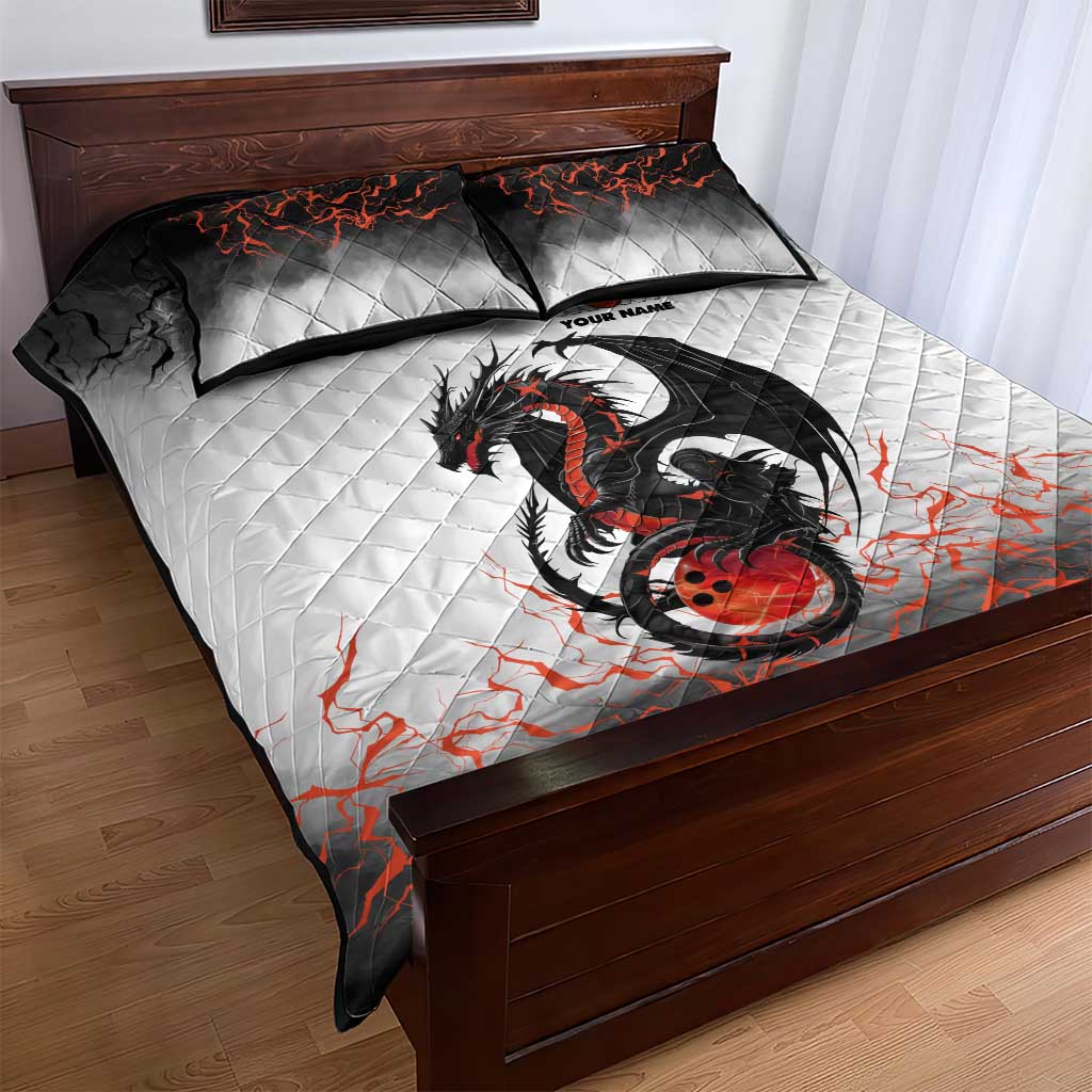 Custom Black Dragon Bowling Quilt Bed Set with Fiery Ball and Thunderstorm Lightning Pattern - Wonder Print Shop