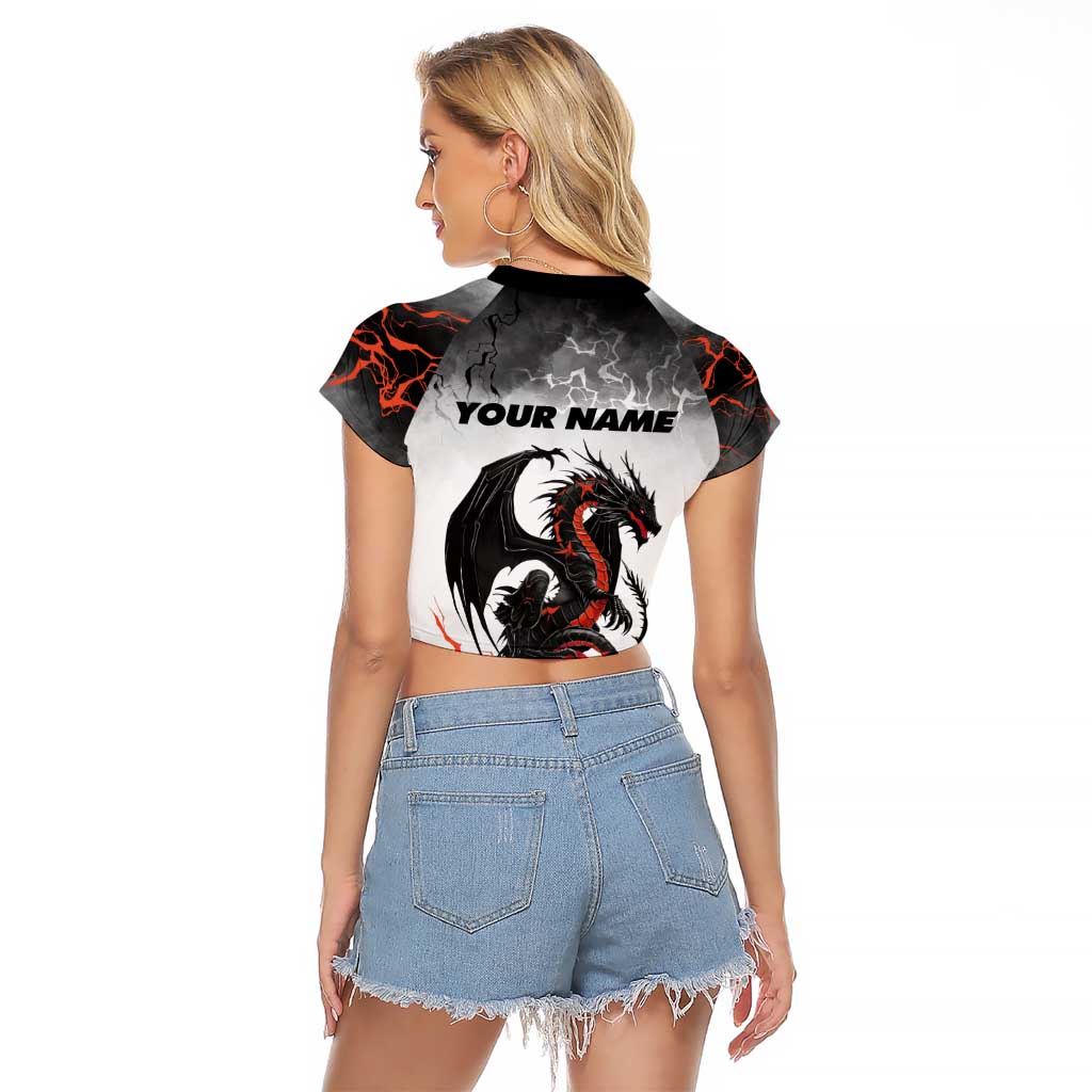 Custom Black Dragon Bowling Raglan Cropped T Shirt with Fiery Ball and Thunderstorm Lightning Pattern - Wonder Print Shop
