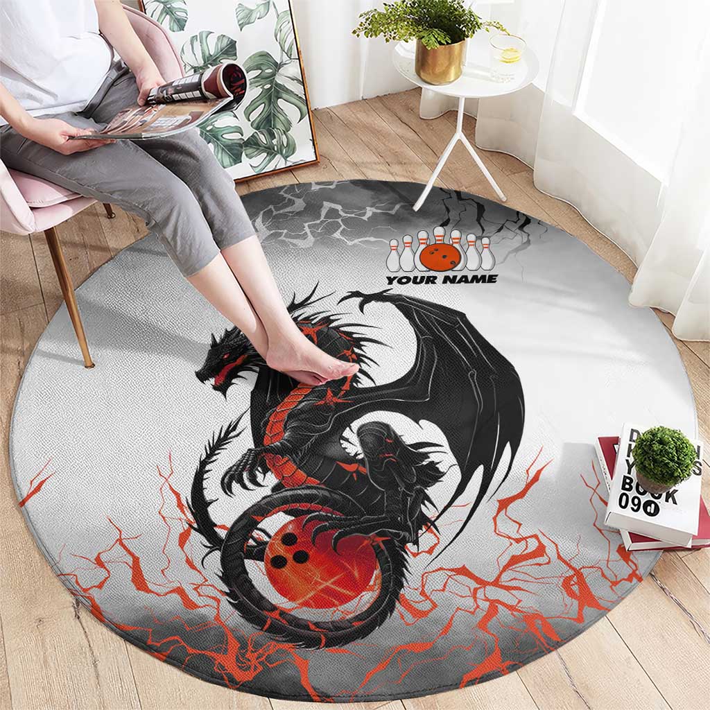 Custom Black Dragon Bowling Round Carpet with Fiery Ball and Thunderstorm Lightning Pattern - Wonder Print Shop