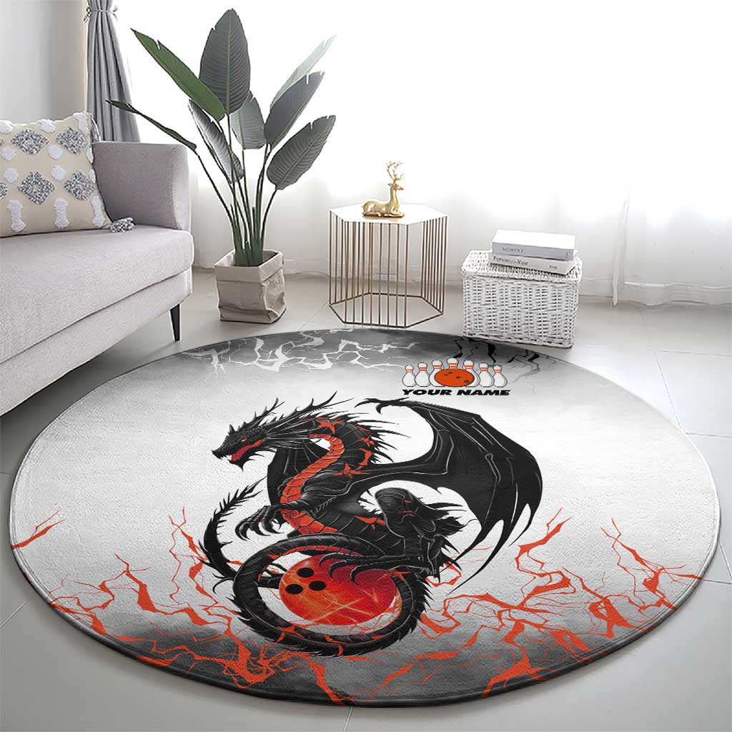 Custom Black Dragon Bowling Round Carpet with Fiery Ball and Thunderstorm Lightning Pattern - Wonder Print Shop