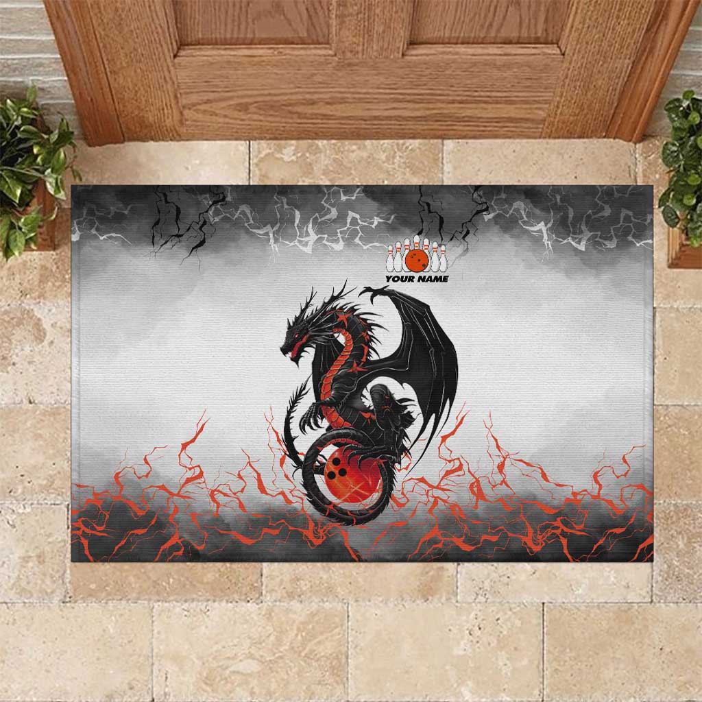 Custom Black Dragon Bowling Rubber Doormat with Fiery Ball and Thunderstorm Lightning Pattern - Wonder Print Shop
