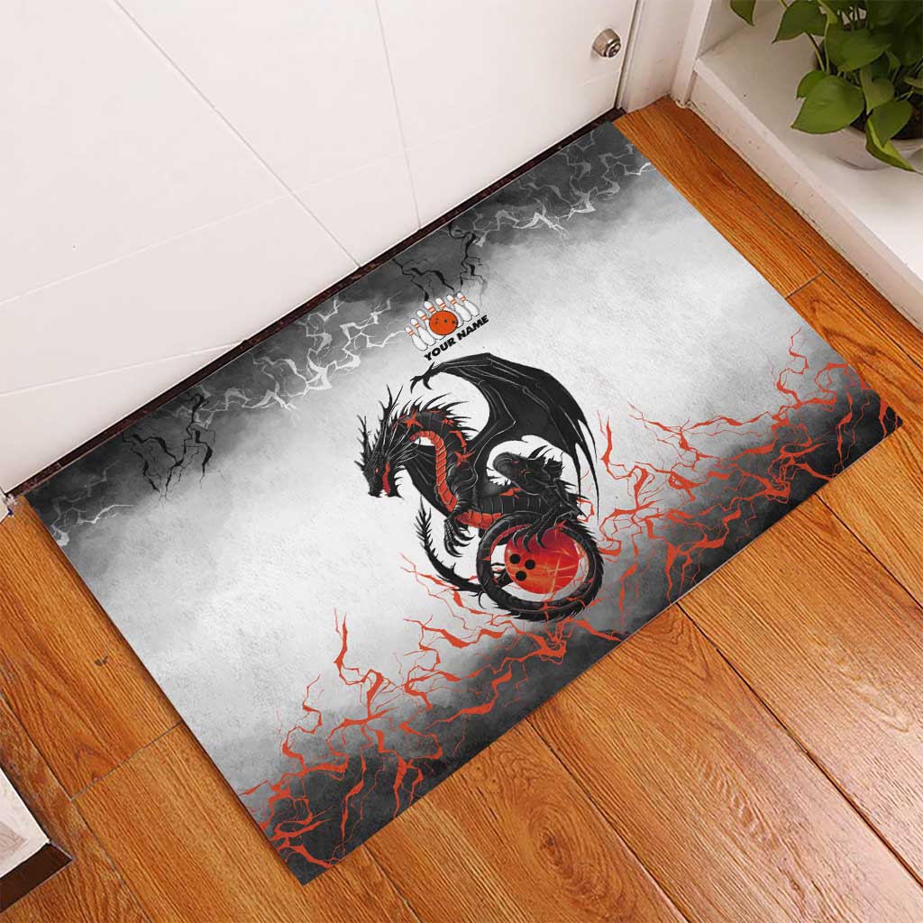Custom Black Dragon Bowling Rubber Doormat with Fiery Ball and Thunderstorm Lightning Pattern - Wonder Print Shop
