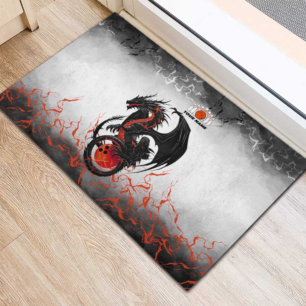 Custom Black Dragon Bowling Rubber Doormat with Fiery Ball and Thunderstorm Lightning Pattern - Wonder Print Shop