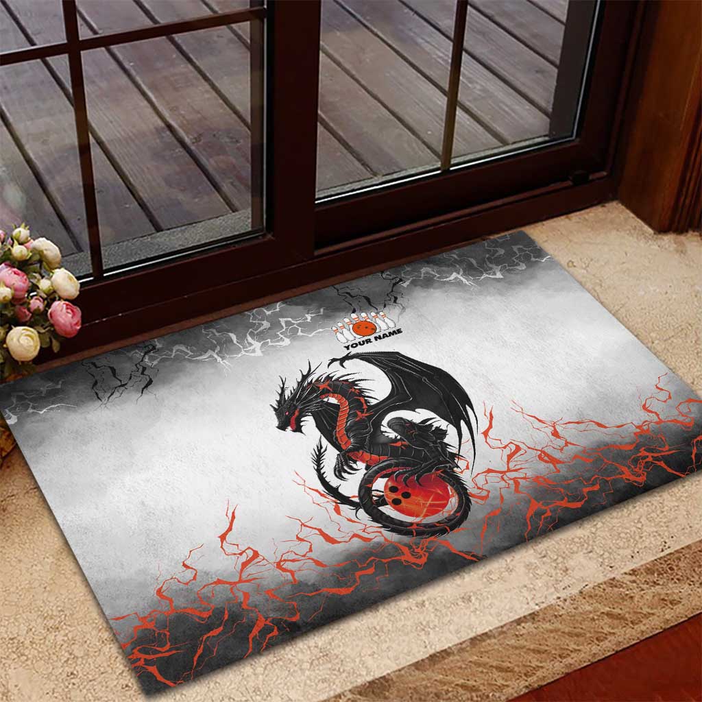 Custom Black Dragon Bowling Rubber Doormat with Fiery Ball and Thunderstorm Lightning Pattern - Wonder Print Shop