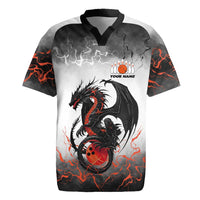 Custom Black Dragon Bowling Rugby Jersey with Fiery Ball and Thunderstorm Lightning Pattern - Wonder Print Shop