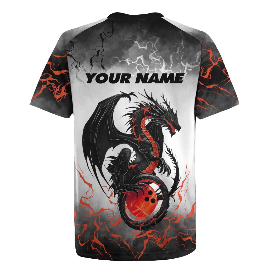 Custom Black Dragon Bowling Rugby Jersey with Fiery Ball and Thunderstorm Lightning Pattern - Wonder Print Shop