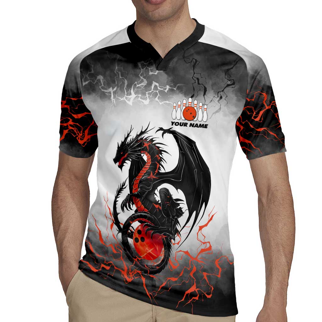Custom Black Dragon Bowling Rugby Jersey with Fiery Ball and Thunderstorm Lightning Pattern - Wonder Print Shop