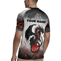 Custom Black Dragon Bowling Rugby Jersey with Fiery Ball and Thunderstorm Lightning Pattern - Wonder Print Shop
