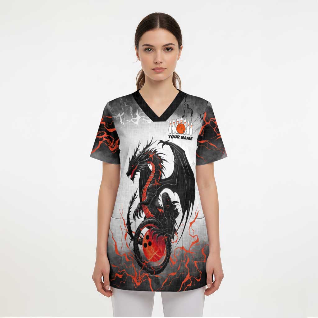 Custom Black Dragon Bowling Scrub Top with Fiery Ball and Thunderstorm Lightning Pattern - Wonder Print Shop