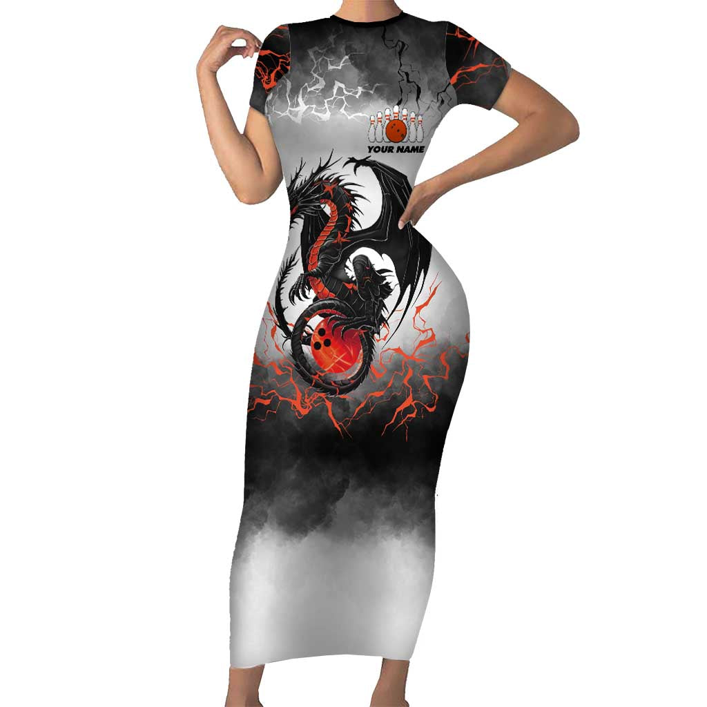 Custom Black Dragon Bowling Short Sleeve Bodycon Dress with Fiery Ball and Thunderstorm Lightning Pattern - Wonder Print Shop