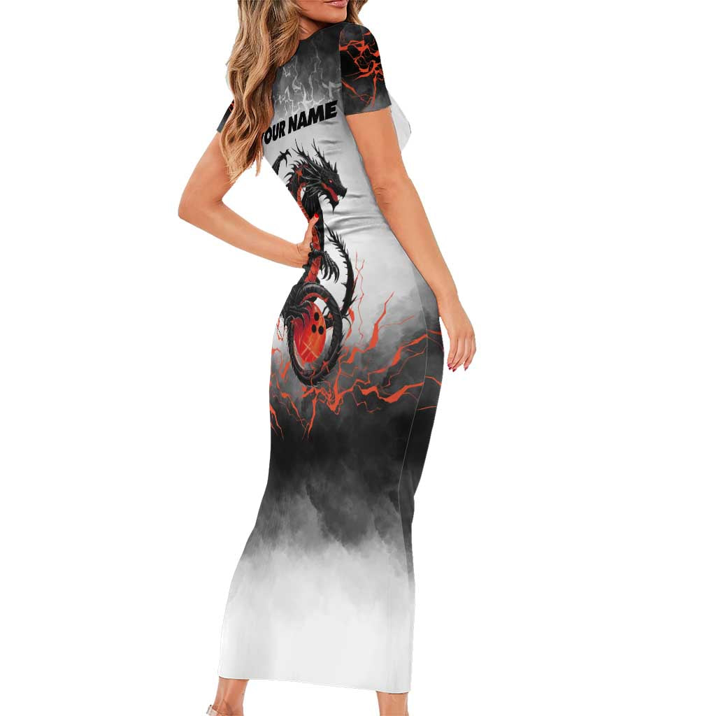 Custom Black Dragon Bowling Short Sleeve Bodycon Dress with Fiery Ball and Thunderstorm Lightning Pattern - Wonder Print Shop