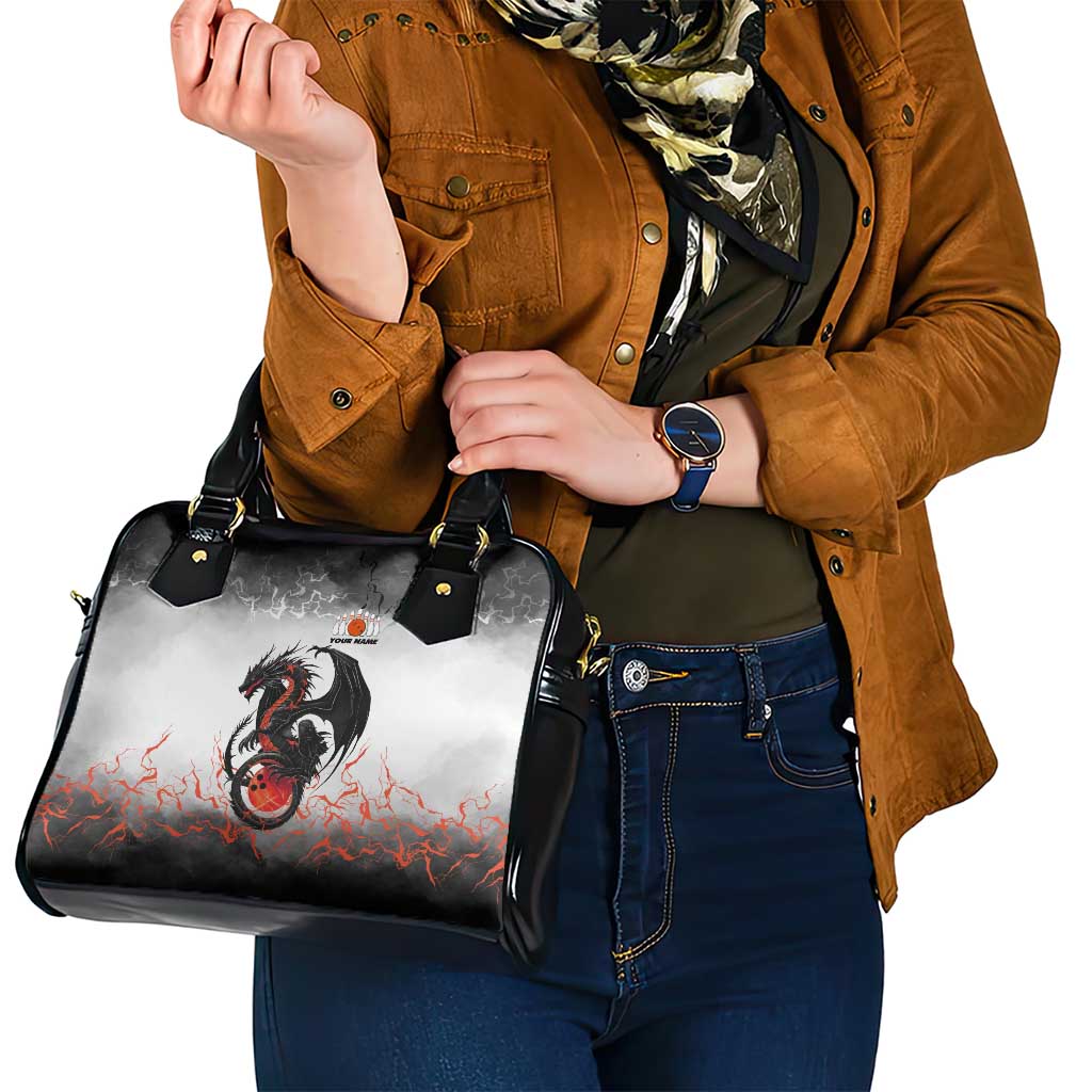 Custom Black Dragon Bowling Shoulder Handbag with Fiery Ball and Thunderstorm Lightning Pattern - Wonder Print Shop