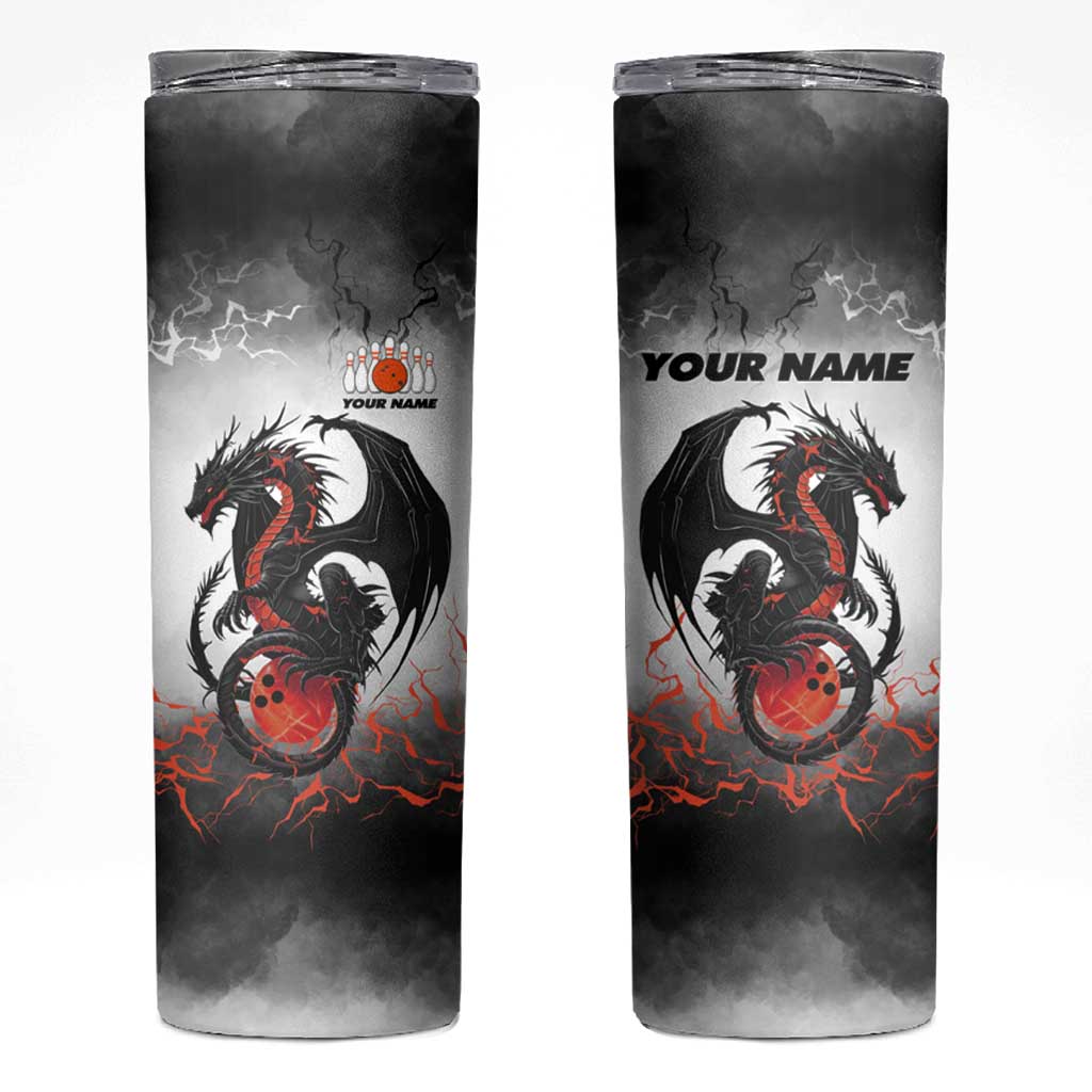 Custom Black Dragon Bowling Skinny Tumbler with Fiery Ball and Thunderstorm Lightning Pattern - Wonder Print Shop