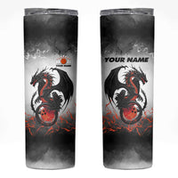 Custom Black Dragon Bowling Skinny Tumbler with Fiery Ball and Thunderstorm Lightning Pattern - Wonder Print Shop