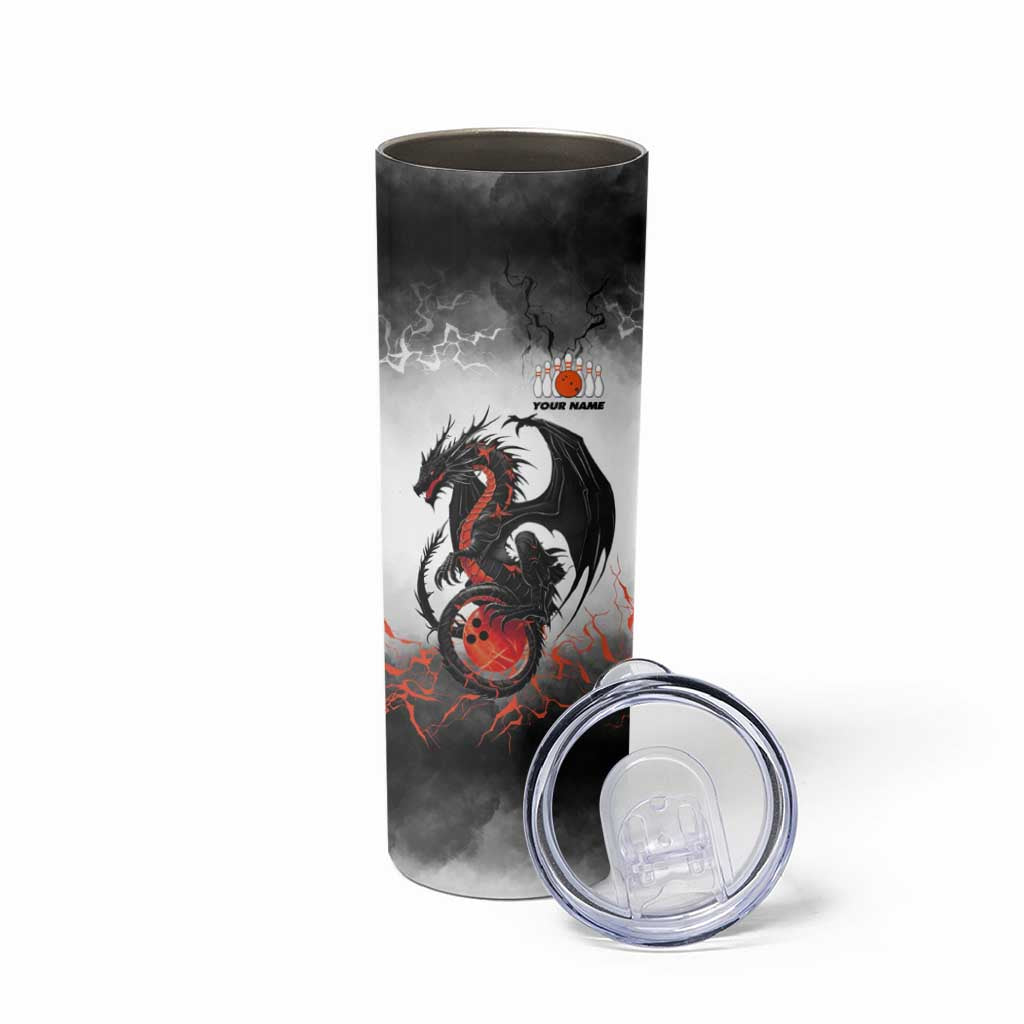 Custom Black Dragon Bowling Skinny Tumbler with Fiery Ball and Thunderstorm Lightning Pattern - Wonder Print Shop