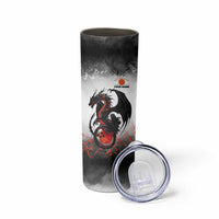 Custom Black Dragon Bowling Skinny Tumbler with Fiery Ball and Thunderstorm Lightning Pattern - Wonder Print Shop