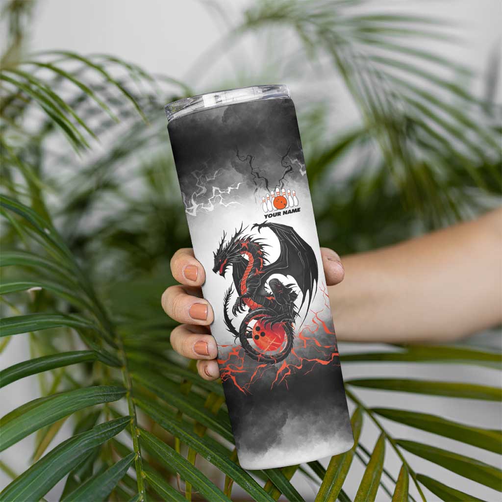 Custom Black Dragon Bowling Skinny Tumbler with Fiery Ball and Thunderstorm Lightning Pattern - Wonder Print Shop