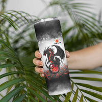 Custom Black Dragon Bowling Skinny Tumbler with Fiery Ball and Thunderstorm Lightning Pattern - Wonder Print Shop