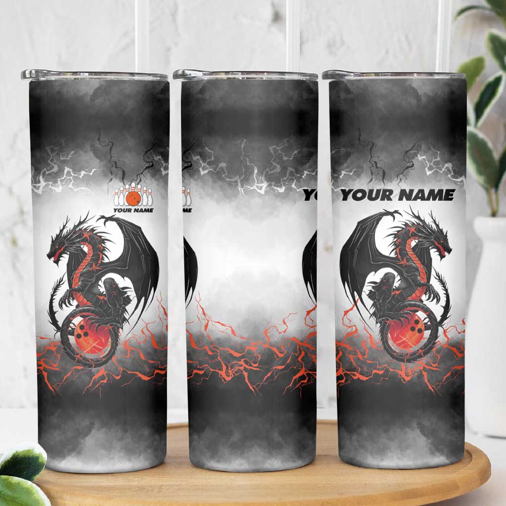 Custom Black Dragon Bowling Skinny Tumbler with Fiery Ball and Thunderstorm Lightning Pattern - Wonder Print Shop