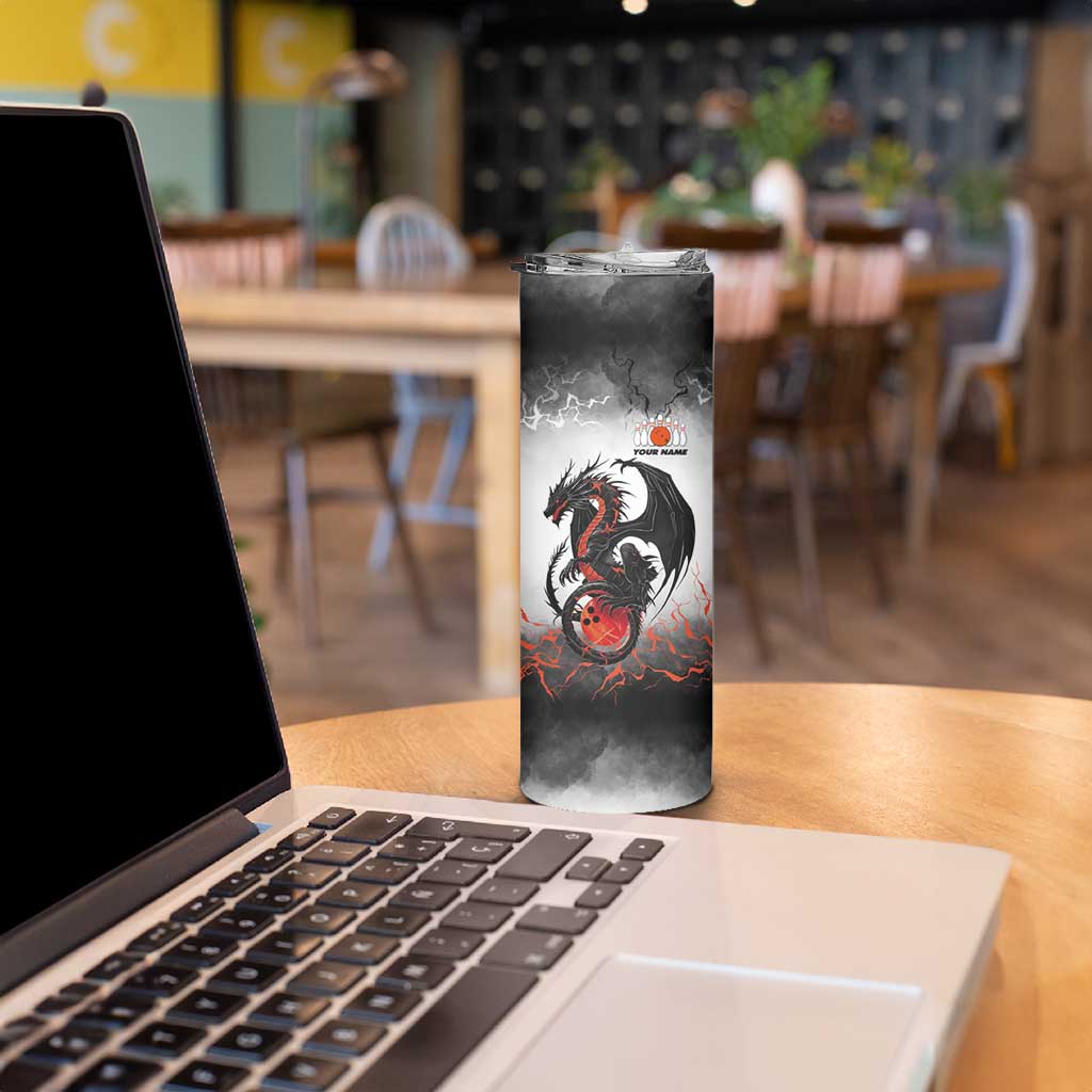 Custom Black Dragon Bowling Skinny Tumbler with Fiery Ball and Thunderstorm Lightning Pattern - Wonder Print Shop