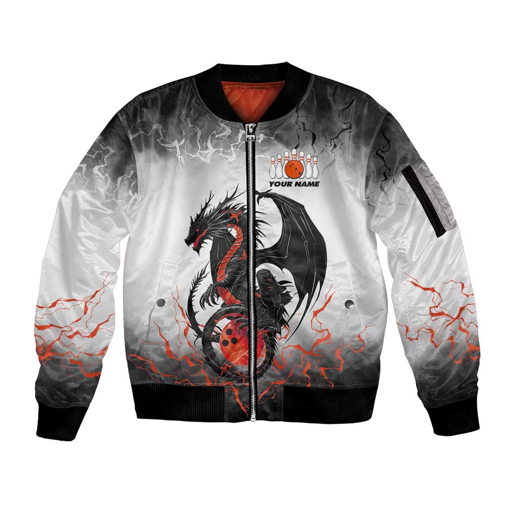 Custom Black Dragon Bowling Sleeve Zip Bomber Jacket with Fiery Ball and Thunderstorm Lightning Pattern - Wonder Print Shop